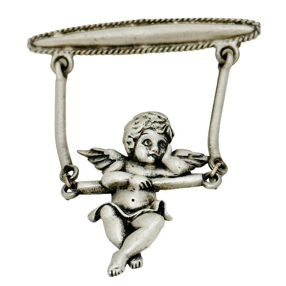 Vintage Jonette Jewelry (JJ) Dangling Cherub on a Swing Brooch/Pin - Picture 1 of 6